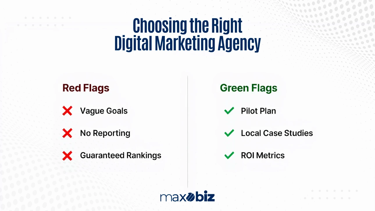 Graphic comparing red flags vs green flags when choosing a digital marketing agency. Red flags: vague goals, no reporting, guaranteed rankings. Green flags: pilot plan, local case studies, ROI metrics.