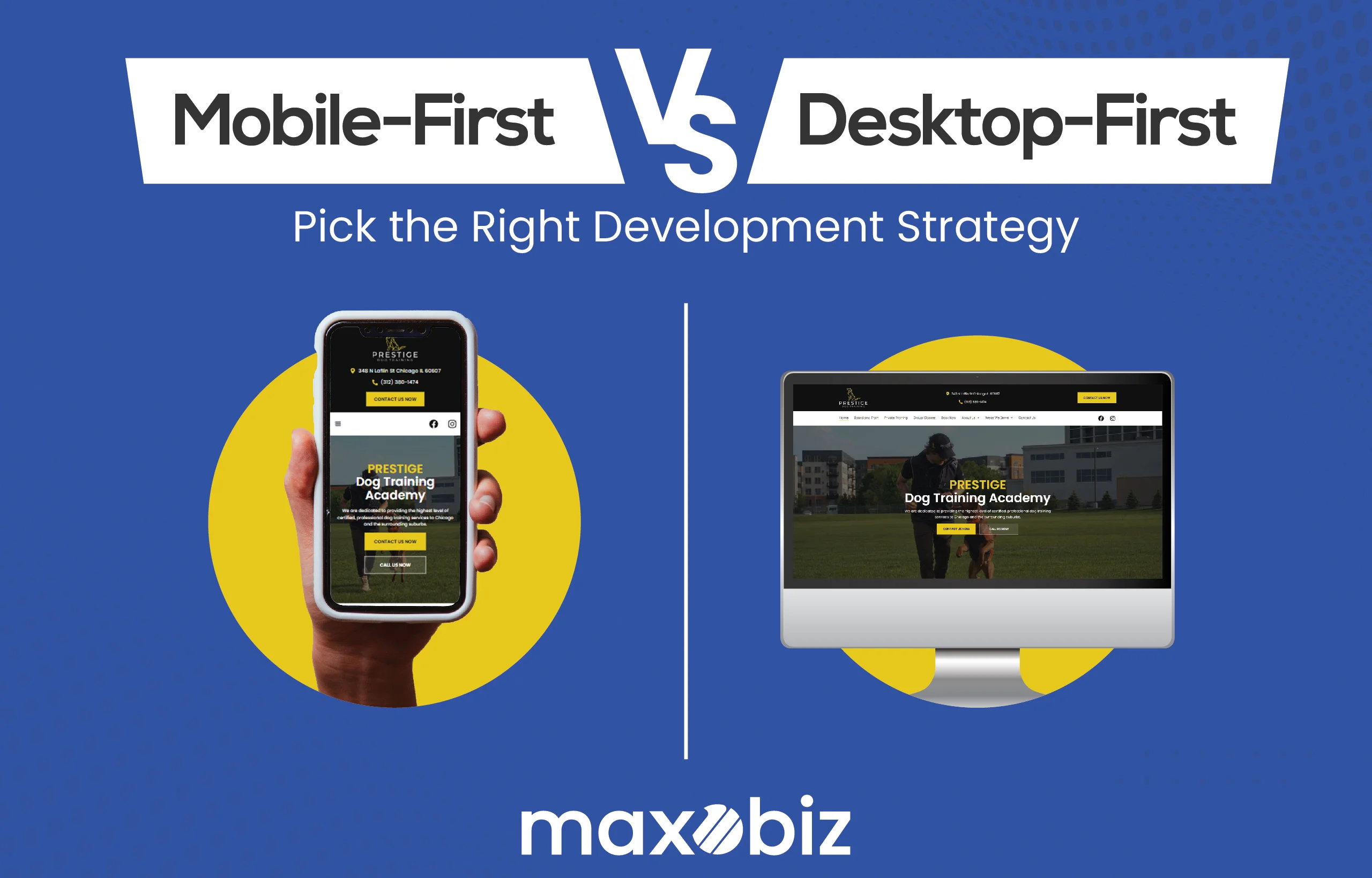 Illustration comparing Mobile-First vs Desktop-First Development strategies, showing a responsive website displayed on a smartphone and a desktop screen.