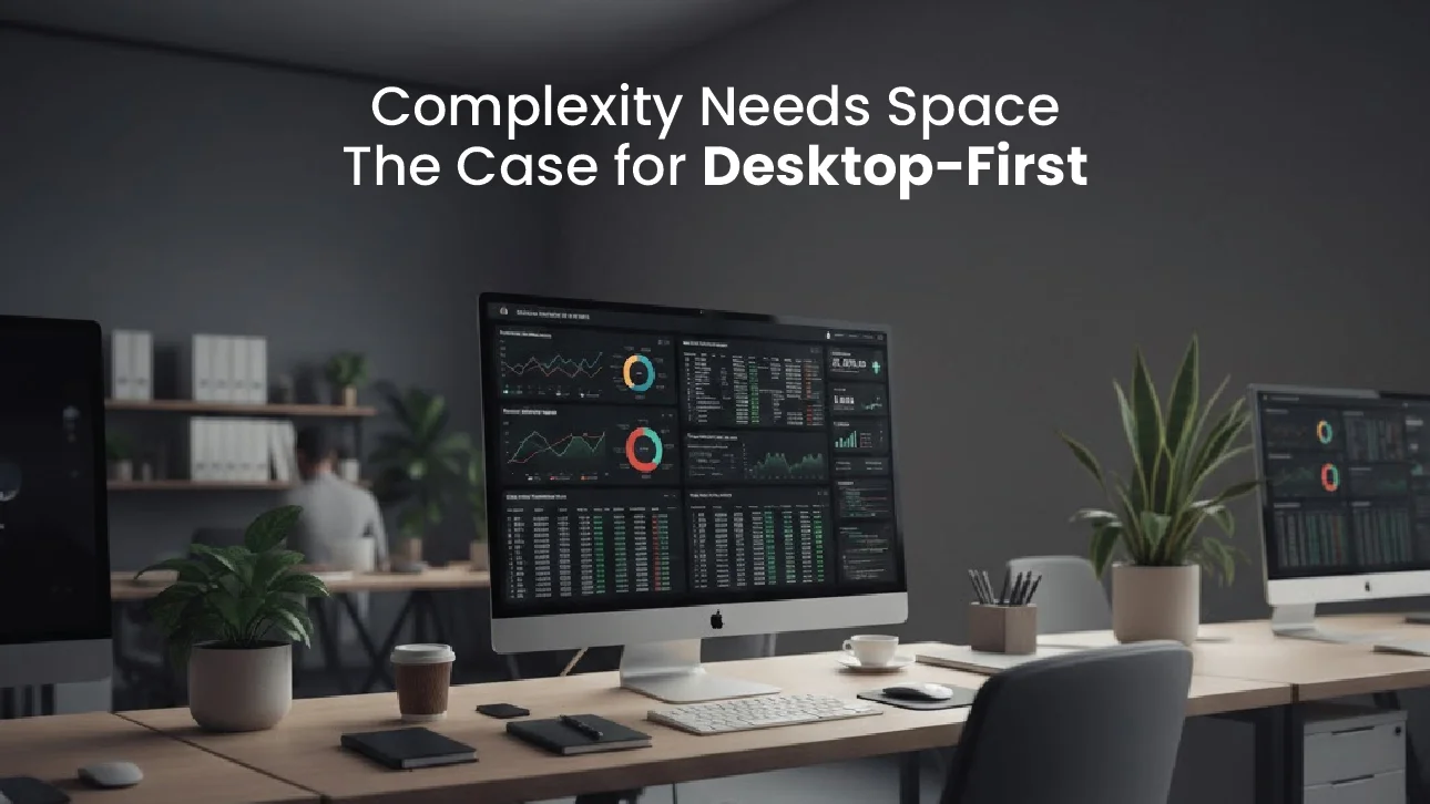 Modern workspace showing data-heavy dashboards on desktop screens, illustrating how complex applications benefit from a Desktop-First Development approach.