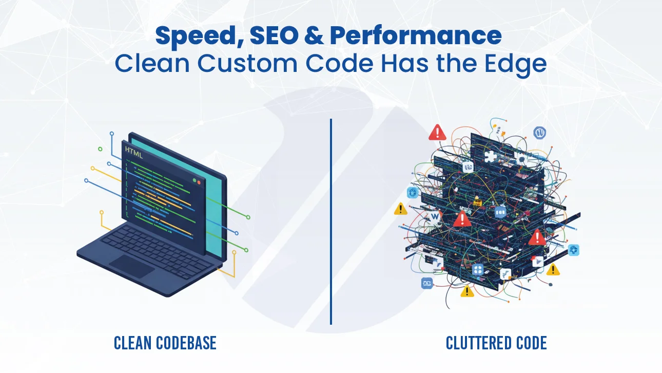 Comparison of clean custom code vs cluttered code showing how clean code improves website speed, SEO, and performance.