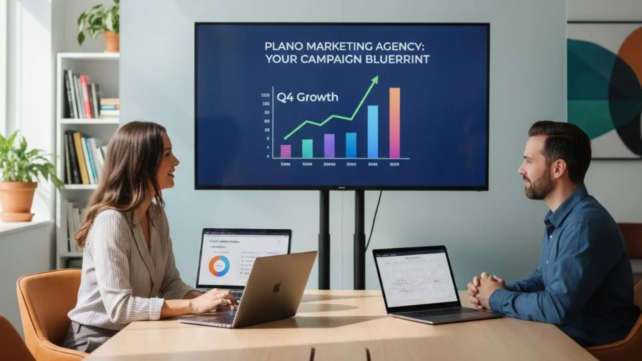 Plano marketing agency team reviewing Q4 growth strategy with campaign performance charts on screen.