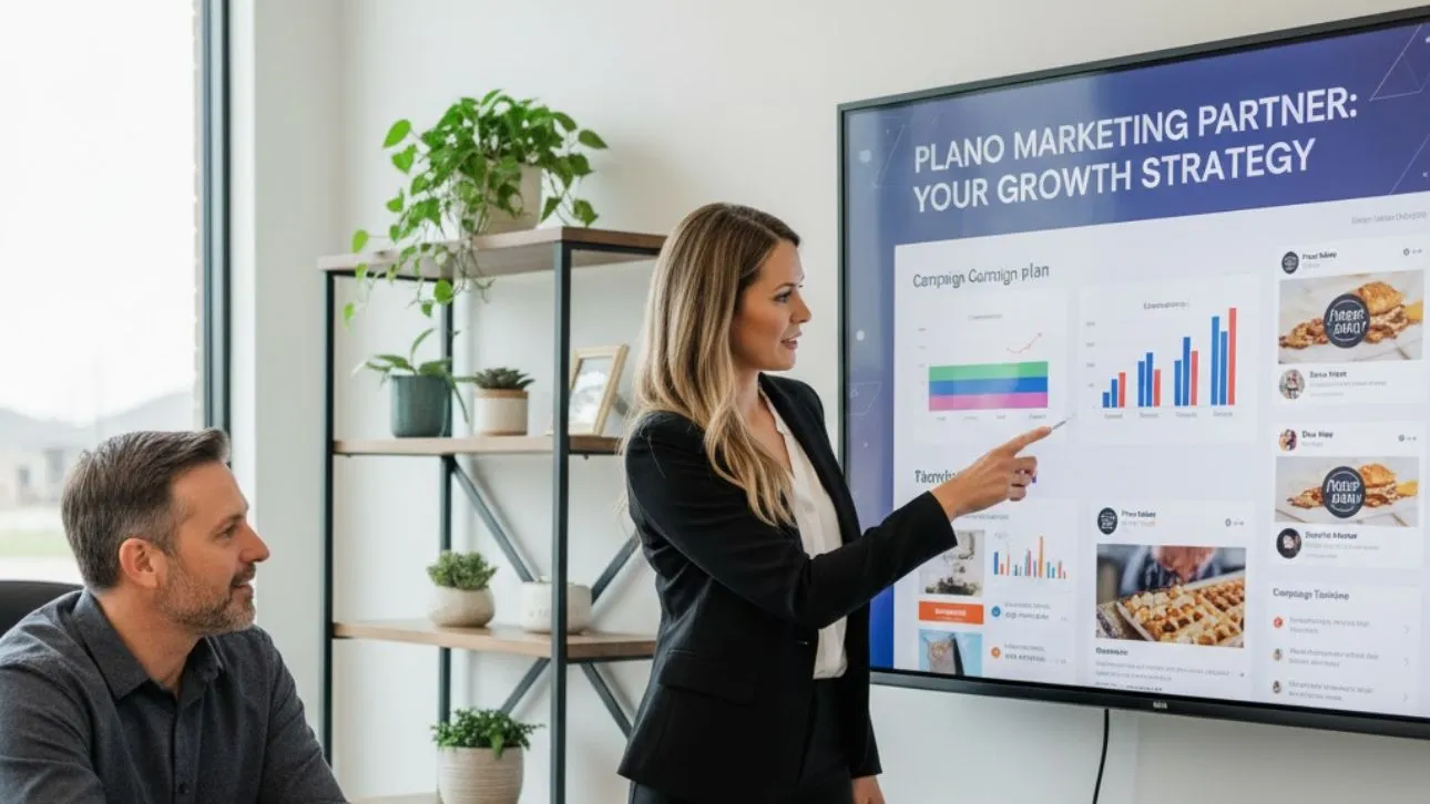 Plano marketing partner presenting growth strategy and campaign performance charts during a business meeting.