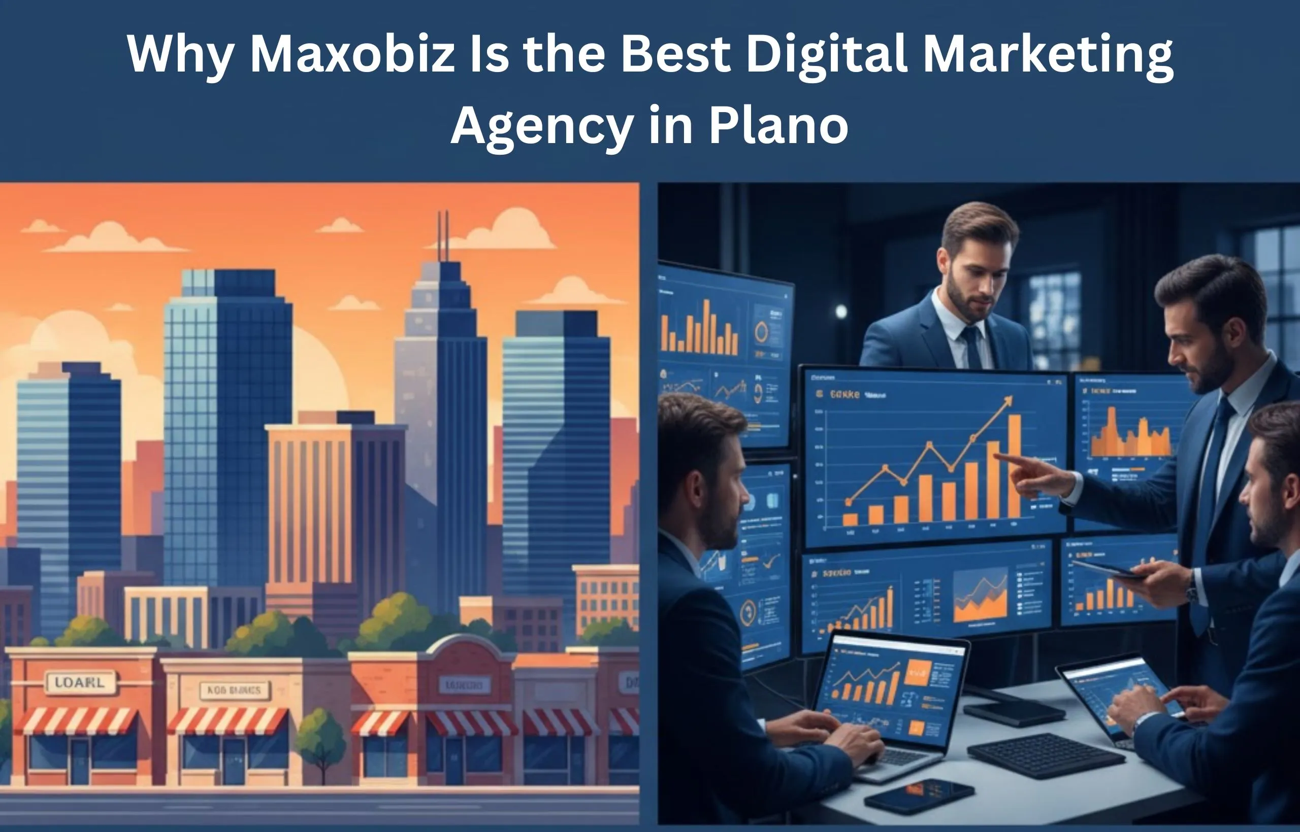 Maxobiz team analyzing marketing performance data in Plano alongside city skyline, representing the best digital marketing agency in Plano.