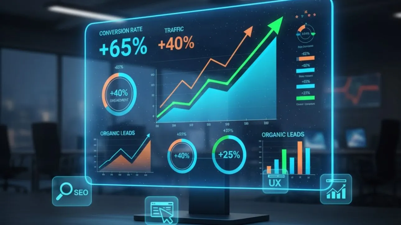 Digital marketing dashboard showing traffic growth, conversion rates, and engagement metrics representing Maxobiz’s design-to-conversion strategy.