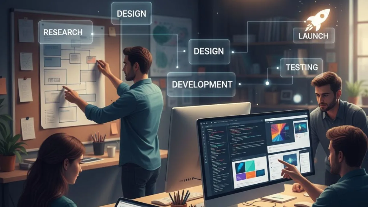 Web development team planning and coding a website project with research, design, development, testing, and launch stages visualized on screen.