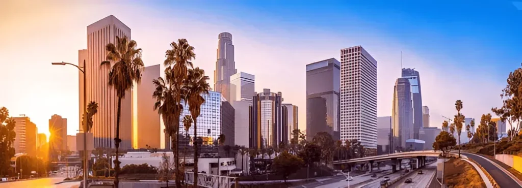 Downtown Los Angeles skyline at sunset with palm trees and modern skyscrapers, representing the urban business hub ideal for digital marketing services.