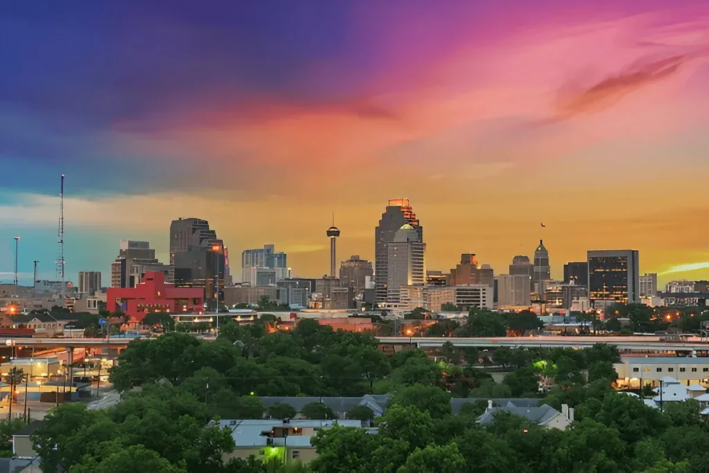 San Antonio skyline at sunset representing digital marketing services in San Antonio by Maxobiz.