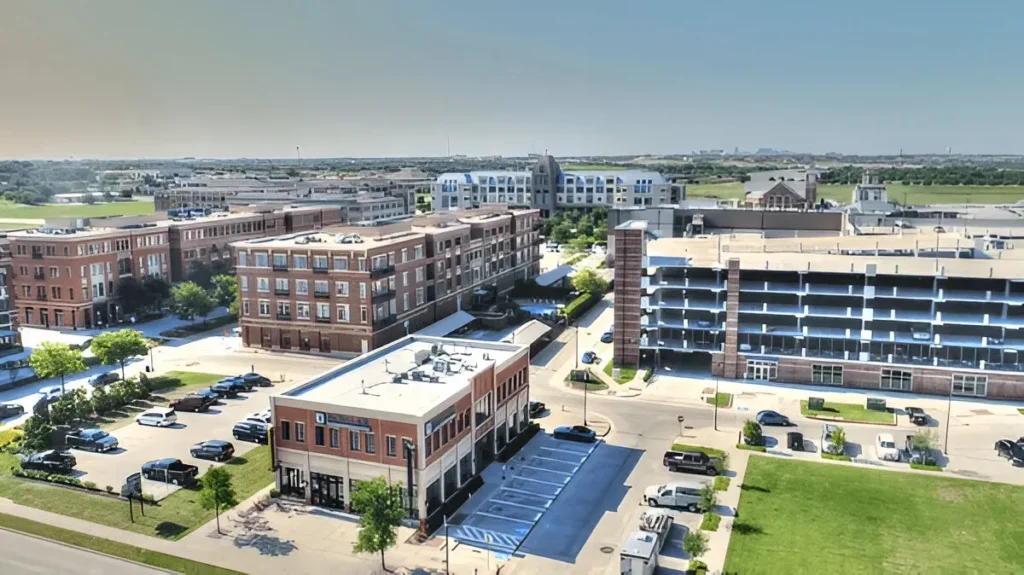 Modern commercial buildings and streetscape in Frisco TX, representing local businesses served by digital marketing services Frisco from Maxobiz.