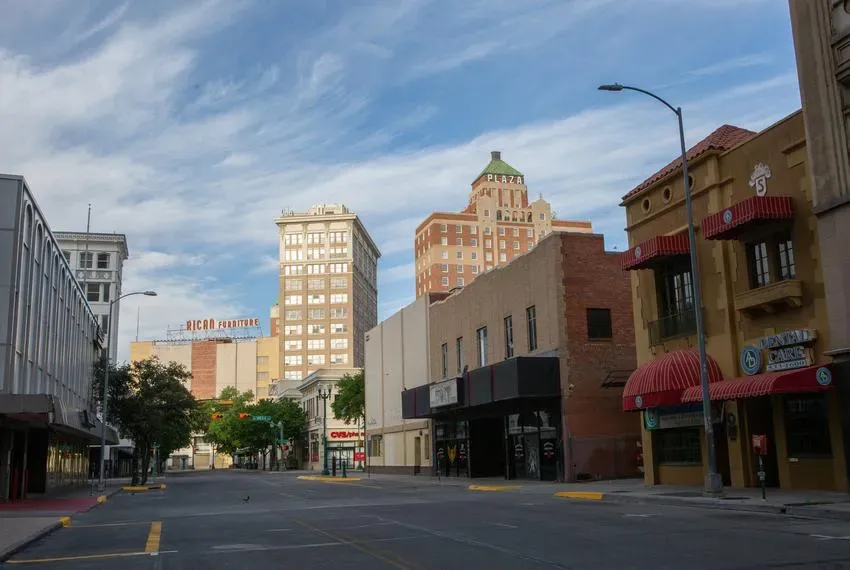 Downtown El Paso cityscape showcasing historic buildings and business storefronts, representing the vibrant commercial landscape ideal for digital marketing services in El Paso County TX.