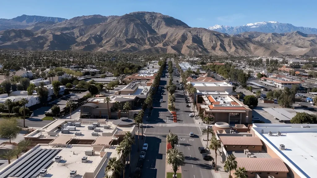 Aerial view of Riverside County, CA, showing city streets lined with palm trees and surrounded by scenic mountains under a clear blue sky.
