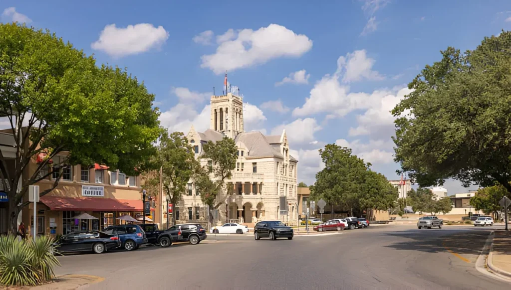 Historic Liberty County Courthouse in Texas surrounded by trees and modern buildings under a partly cloudy blue sky.