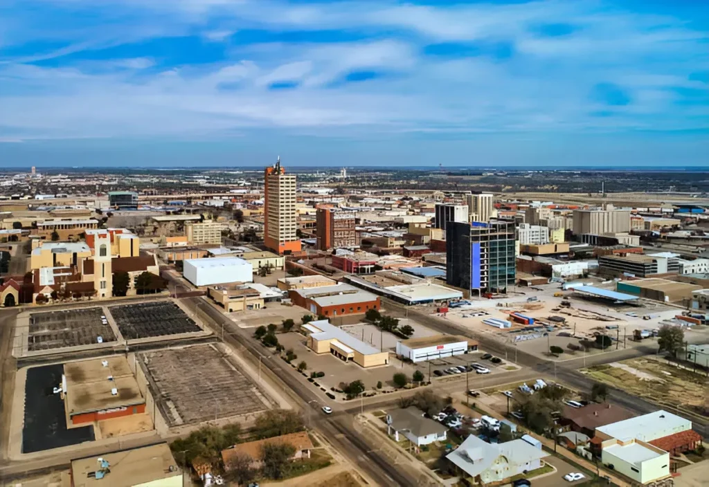 Downtown Lubbock TX cityscape on a clear day, showcasing local businesses served by digital marketing services Lubbock from Maxobiz.