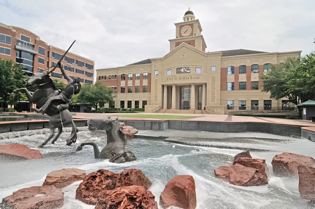 City Hall and iconic fountain in Sugar Land TX, representing local businesses supported by digital marketing services in Sugar Land from Maxobiz.