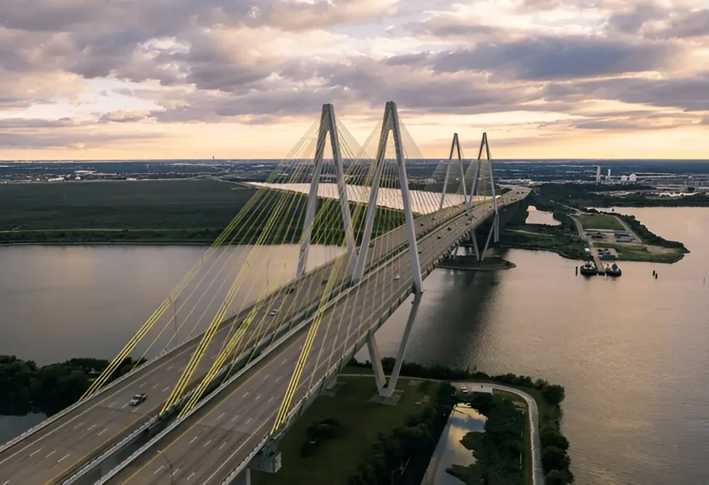 Fred Hartman Bridge at sunset in Baytown, Texas — showcasing the city's potential for digital marketing services and business growth opportunities.
