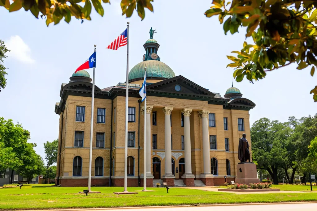Historic Fort Bend County Courthouse with statues, flags, and lush greenery in Richmond, Texas – a landmark near Maxobiz digital marketing services.