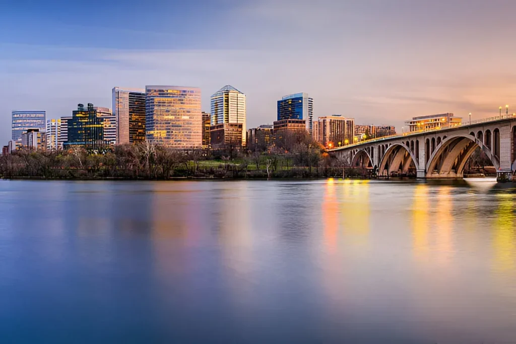 Downtown Arlington skyline and bridge view at dusk, representing digital marketing services Arlington by Maxobiz